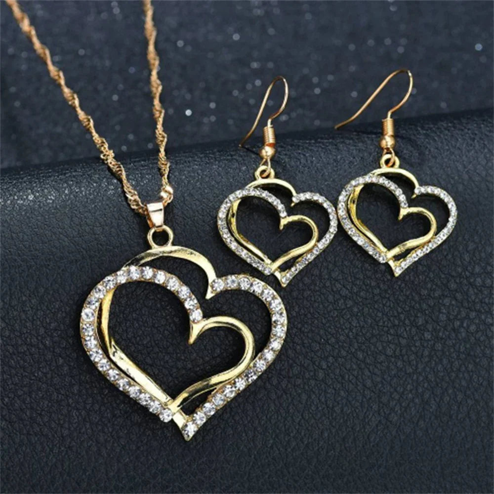 Double Heart Necklace Jewelry Set 💞💝